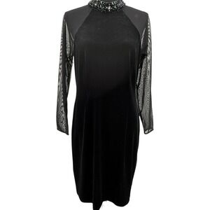 JR Nites Women's Dress Black Velvet Mesh Sleeve Beaded Mock Neck Whimsy Goth 12